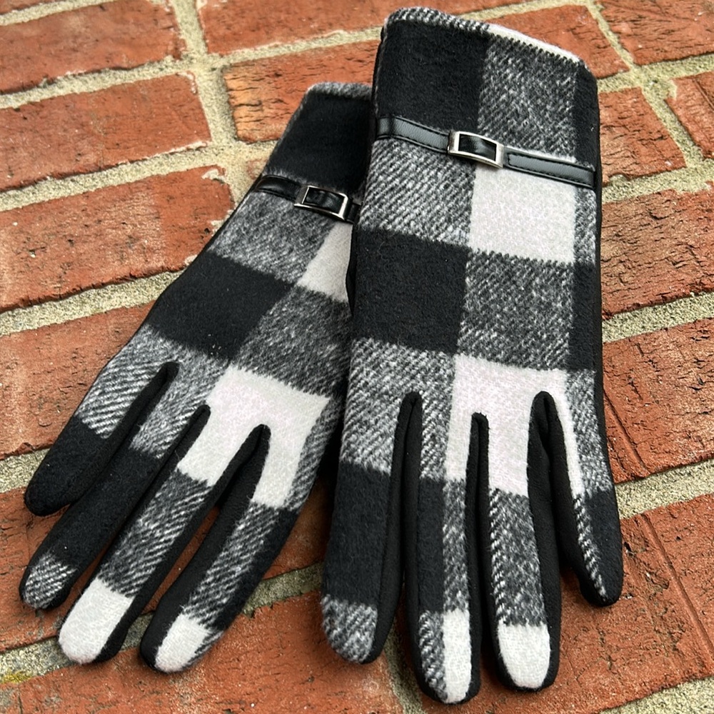 PAPILLON ACCESSORIES Black/White Mixed Tweed/Plaid Belted Ladies Gloves